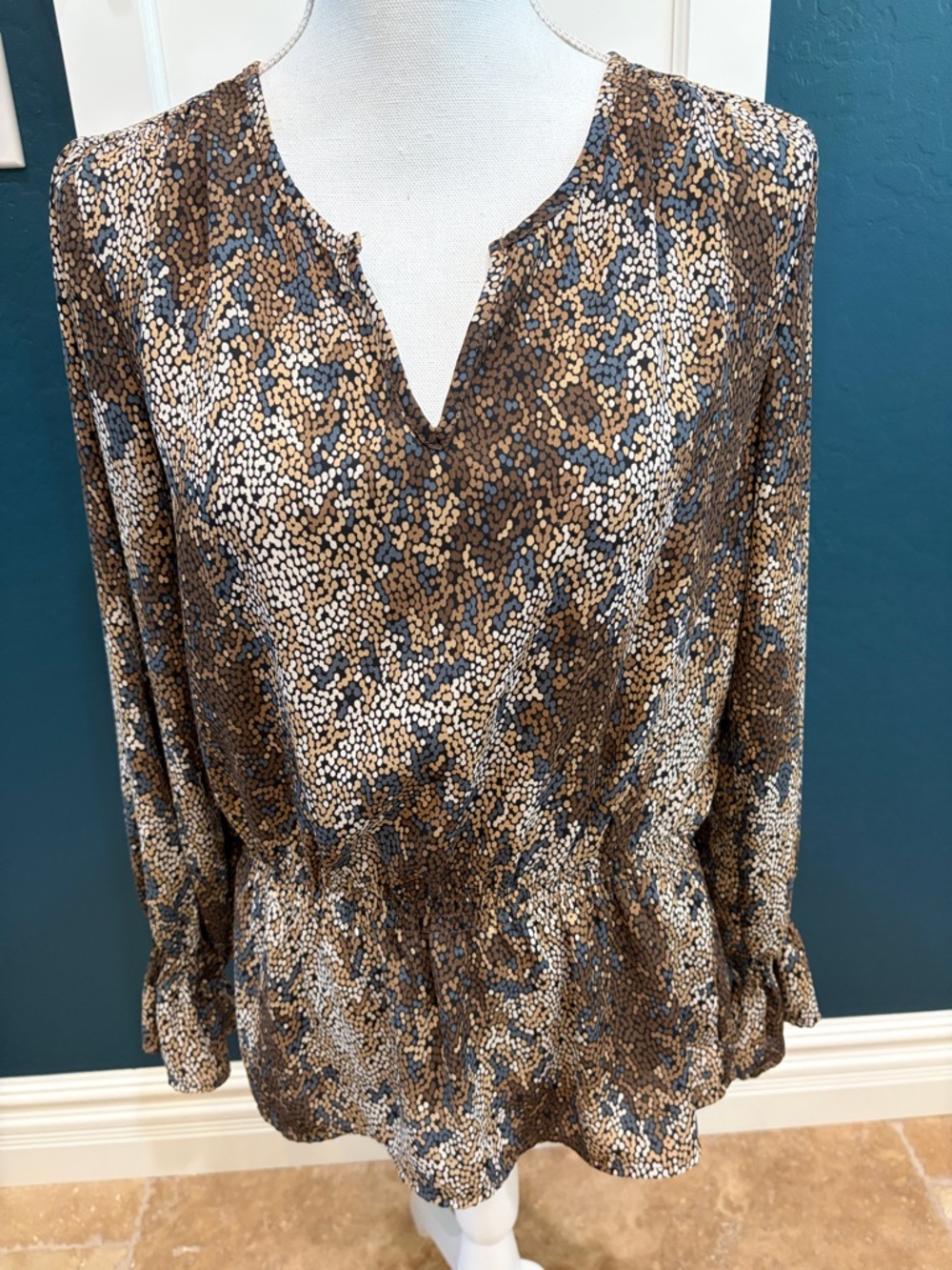 Counterparts scoop neck, brown, tan & blue drop waist blouse.